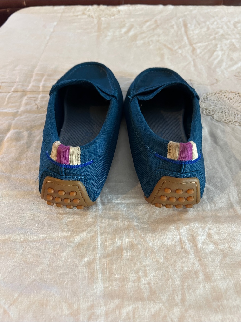 Rothy's Teal Canvas Penny Loafers with Purple Heel Accent sz 7.5 - Picture 3 of 6